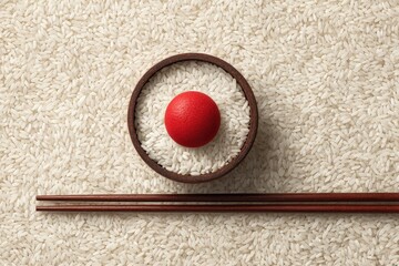 Overhead shot of rice grain bed with wooden bowl & red orb, chopsticks below