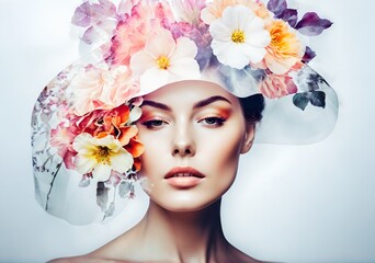 Fashion Avant Garde Portrait Woman Flowers Double Exposure Style