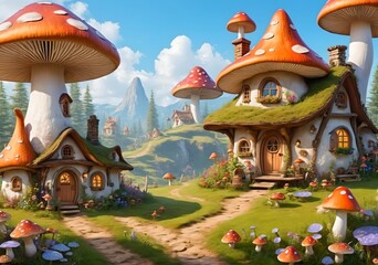 Fantasy Mushroom Village Cottagecore Whimsical Storybook Style