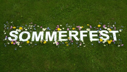 Large white SOMMERFEST text decorated with colorful wildflowers on green grass celebrating summer festival and outdoor events