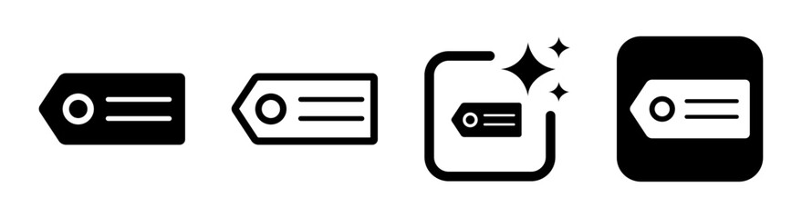Goods tag icon showing a detailed price label for clothing and market items in a clean black vector illustration on a transparent background