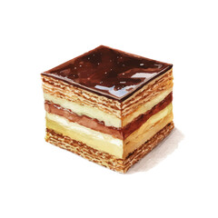 Artistic isometric watercolor image of Opera Cake, isolated on a white surface.