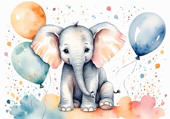 Nursery Baby Elephant Balloons Soft Watercolor Style
