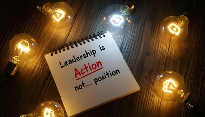 Leadership is action not position motivational quote on notepad surrounded by glowing light bulbs concept for inspiration and ideas