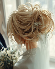 Elegant wedding hairstyle with veil and flowers, realistic bridal portrait, soft pastel tones, ultra-detailed