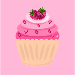 Pink Cupcake Illustration with Berry and Cream Topping