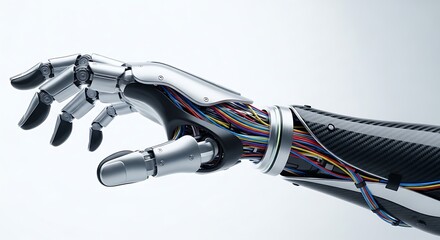 A detailed view of a futuristic robotic hand and forearm with visible internal wiring