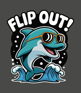 Fun Dolphin Character Design: Sunglasses, Waves, 'FLIP OUT!' Graphic t-shirt design