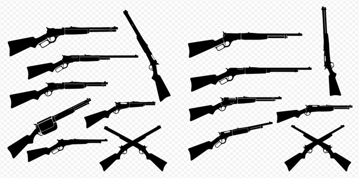 Collection of various rifle silhouettes, including lever action and bolt action designs, for hunting and sport.