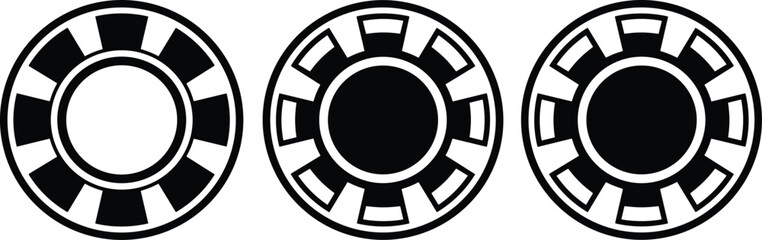 A trio of simple black-and-white graphic icons representing poker or casino gambling chips with different radial patterns indicating a value or fill style.