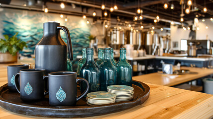 Coffee carafe and mugs on wooden tray with coaster stack on the side in a cafe interior with light fixtures on the ceiling.