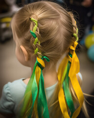 Children&rsquo;s haircut, little girl with pigtails and ribbons, playful atmosphere, bright colors, realistic photo style