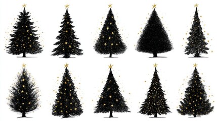 Obraz premium Christmas tree hand drawn illustrations, vector, black silhouettes with gold stars on white background