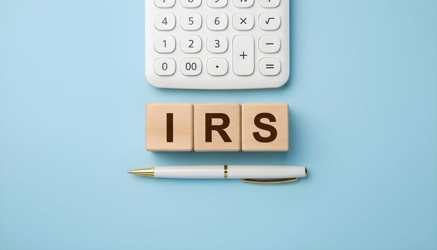 IRS letters on wooden blocks with calculator and pen representing tax season and financial planning on a blue background