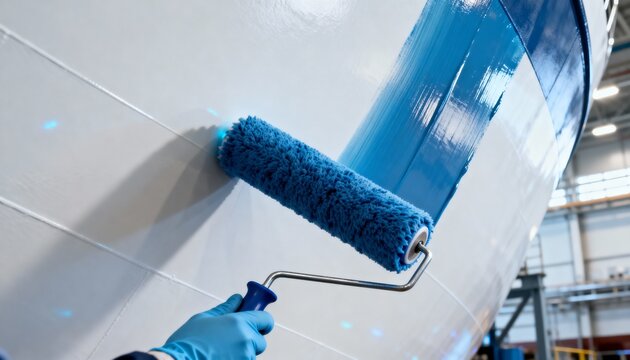 Closeup medium shot of algaeresistant ship hull coatings being applied showcasing innovative technology to prevent marine organism buildup.