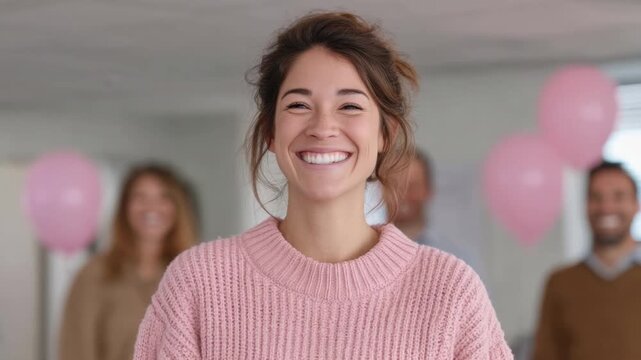 Joyful young woman in cozy sweater smiling at camera with friends celebrating in background, cheerful atmosphere of togetherness 4k video footage