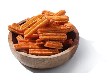 French fries snack on a bowl, isolated on white background