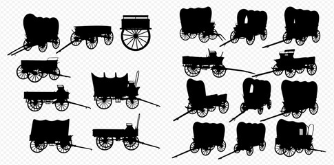 Collection of various vintage horse-drawn wagon and cart silhouettes on a transparent background. © Adji