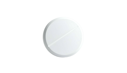 Single white round tablet with a scored line, centered on a black background