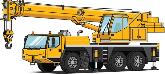 Yellow mobile crane truck with extended boom, construction equipment illustration, heavy lifting machinery concept, multi-axle vehicle diagram, flat vector © MD