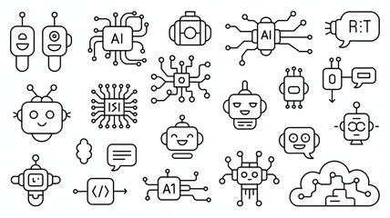 Collection of AI and robot icons representing artificial intelligence and technology concepts perfect for digital design and futuristic themes