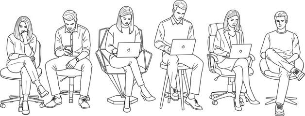 Line drawing of diverse people sitting on chairs using laptops and phones line art