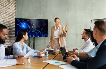 Colleagues from different backgrounds gather in a modern boardroom to brainstorm and develop strategies. One speaker presents data on a screen, engaging others in meaningful discussions.