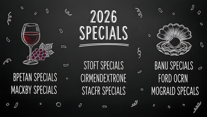 Wine Specials Chalkboard: A chalkboard-style graphic highlighting wine specials, with an image of a wine glass and grapes on the left and a pearl in an oyster on the right. 
