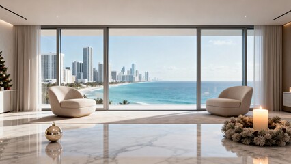 High-end Miami condo interior with floor-to-ceiling windows overlooking the skyline and ocean. Minimalist holiday d&eacute;cor such as a single luxe ornament, a modern wreath in neutral tones, or a glowing c