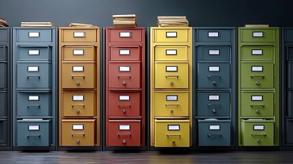 Colorful vintage metal filing cabinets storing documents and archives