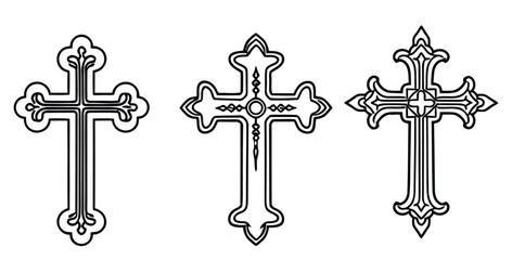 Collection of three ornate decorative Christian cross outlines perfect for religious design projects
