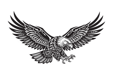 Obraz premium Majestic bald eagle with wings spread, captured in a powerful black and white tribal art style