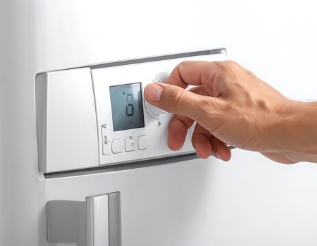 Hand adjusts temperature dial on a white modern appliance, close-up focused on the control panel