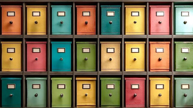 Colorful vintage security boxes storing important files and data