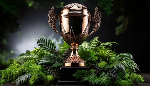 bronze trophy nestled in lush green foliage against a dark background