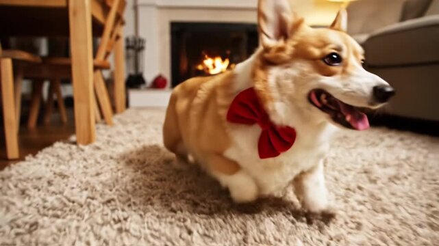 Authentic handheld perspective of a joyful Pembroke Corgi dog running full speed on a soft indoor rug creating slight movement blur while wearing a simple holiday bow accessory rug, festive, adorable