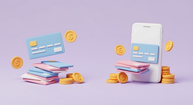 Online banking with mobile phone and credit cards and money coins