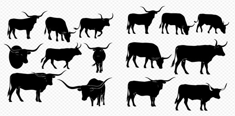 Collection of various cattle silhouettes with long horns in different poses.