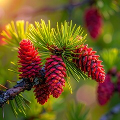 Larch branch with vibrant red cones and green needles basks in warm sunlight creating a tranquil natural scene