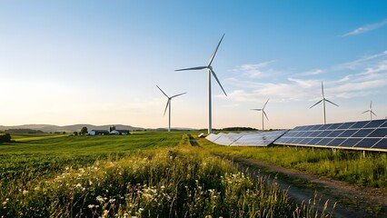 Renewable Energy Landscape with Wind Turbines and Solar Panels at Sunset