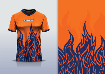 T-shirt mockup abstract fire flame sport jersey design for football, soccer, racing, esports, running, in orange blue navy color © Nimpuna O
