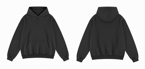 Blank Black Hoodie Mockup Front and Back Views on White Background © Drip