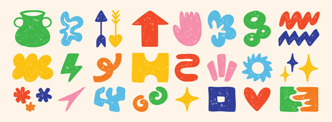 Obraz premium Cute abstract doodle shapes. Set of various modern kids hand drawn stars, hearts, clouds, flowers stickers. Retro comic figure