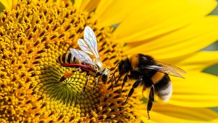 Bumblebees on Yellow Sunflower Close-up
