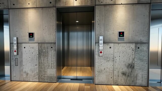 Elegant elevator design features smooth stainless steel doors within a contemporary space illuminated by ambient lighting