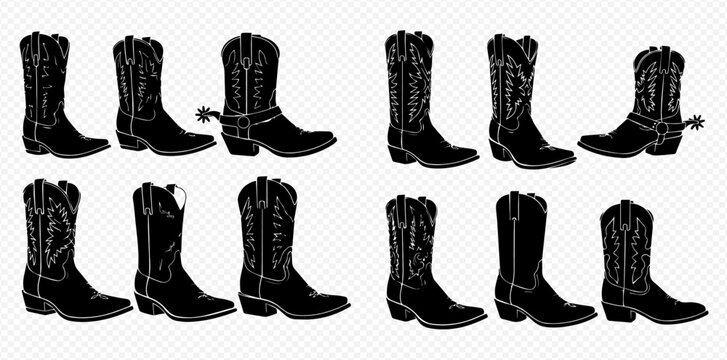 Collection of various cowboy boots in black silhouette, including designs with spurs, isolated on a transparent background.