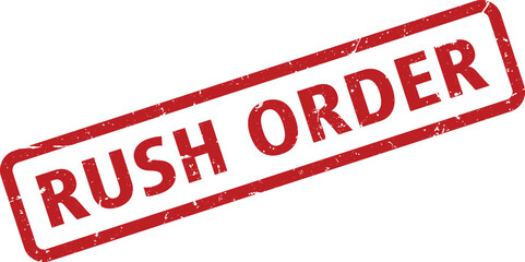 Red Rush Order Rubber Stamp with Distressed Texture on White Background, Indicating Urgent Priority