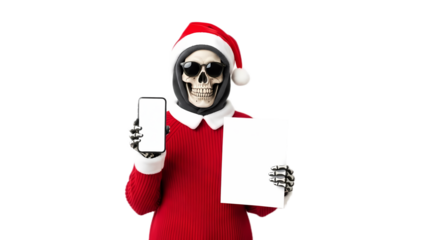 Happy Christmas skull Presenting Blank Smartphone Screen and Empty Paper for Advertising on White Background
