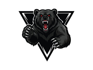 Fierce black bear mascot with glowing red eyes and sharp claws emerging from a striking geometric frame
