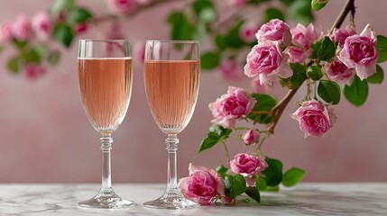 Two elegant champagne flutes filled with sparkling rose, surrounded by blooming pink roses on a marble surface, creating a romantic and festive atmosphere for celebrations and special occasions